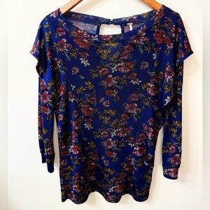 Free People Blue Floral Keyhole Back Long Sleeve Top Size S Boho